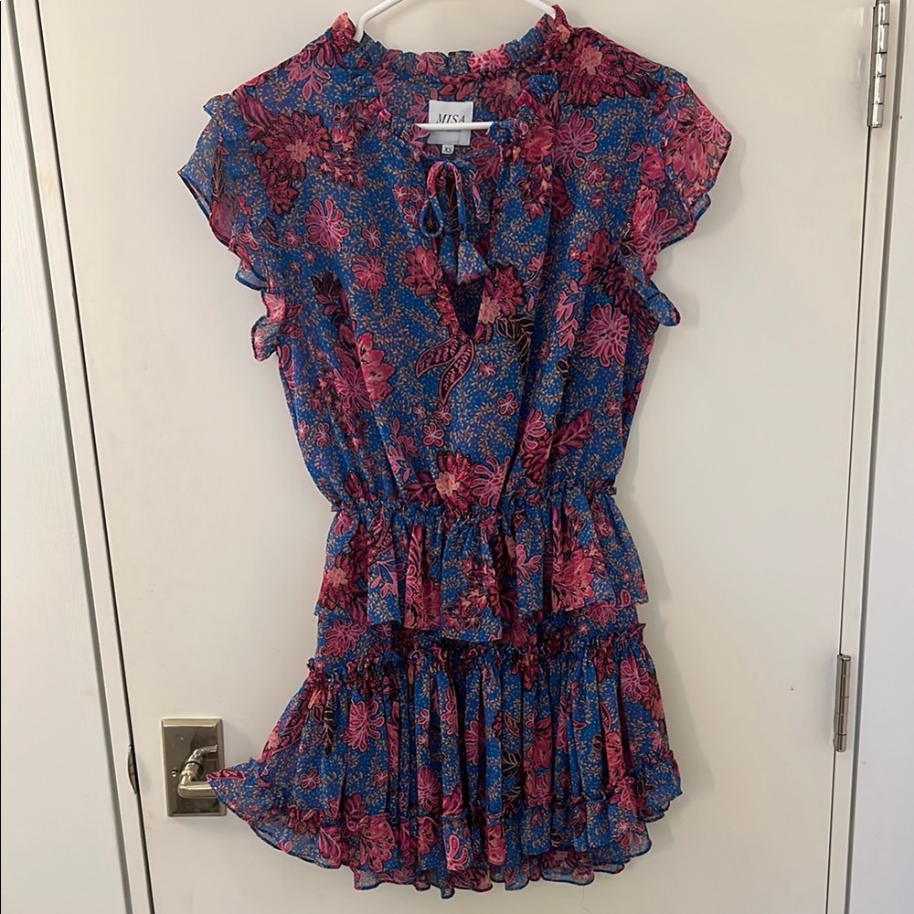 Misa Los Angeles Blue and Pink Floral Ruffle Dress - size XS